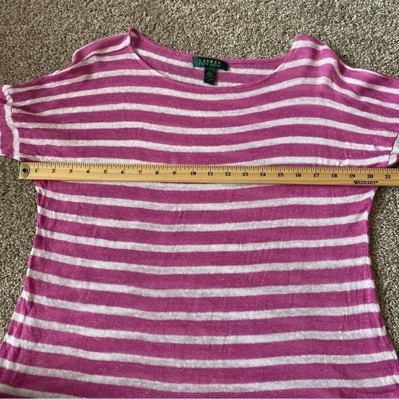Lauren Ralph Lauren 100% Linen Top Shirt Womens L Pink White Striped 3/4 Sleeve - Picture 6 of 8